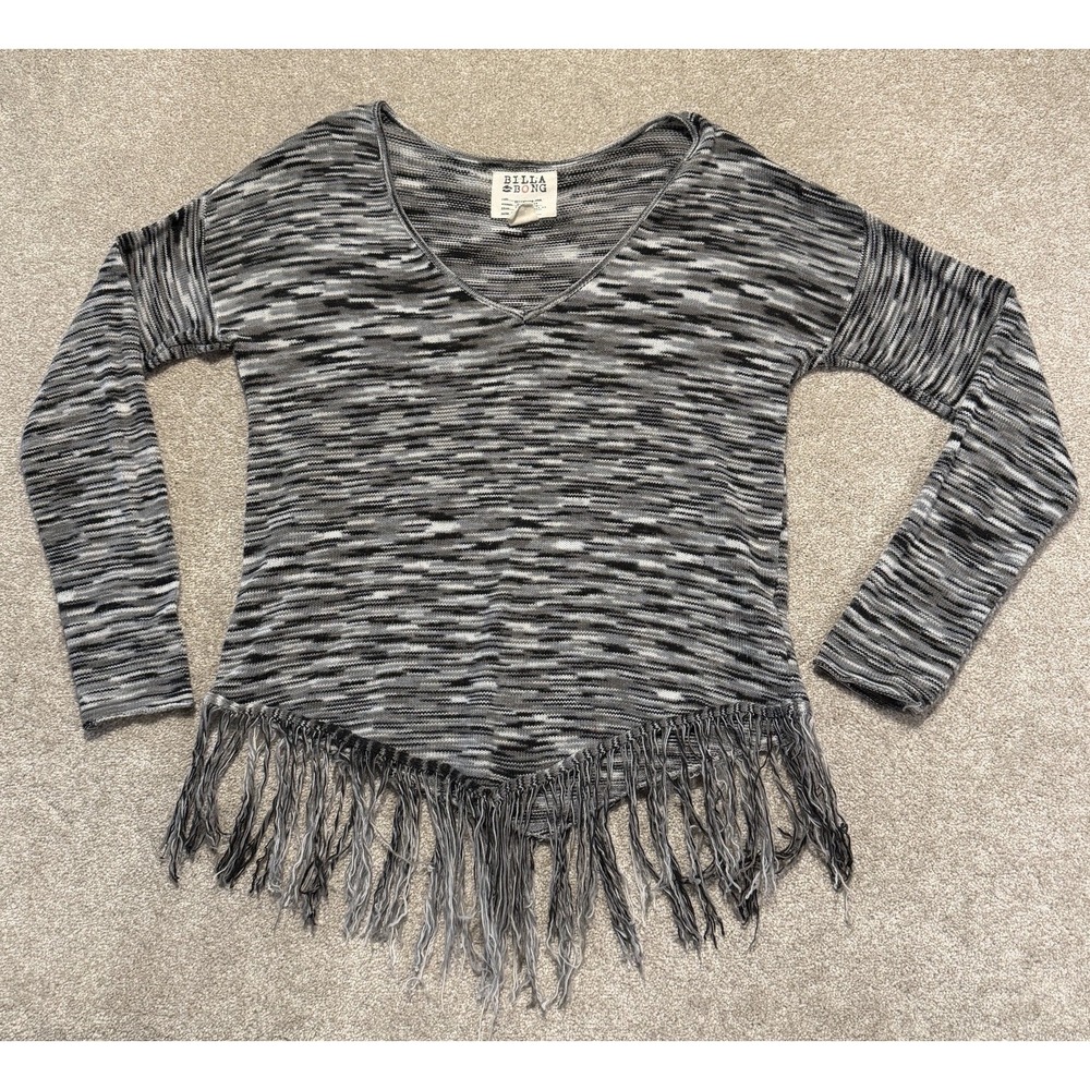 Billabong Sweater Sz L Striped Fringe Bohemian Relaxed V-Neck‎ Long Sleeve Top